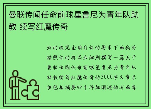 曼联传闻任命前球星鲁尼为青年队助教 续写红魔传奇